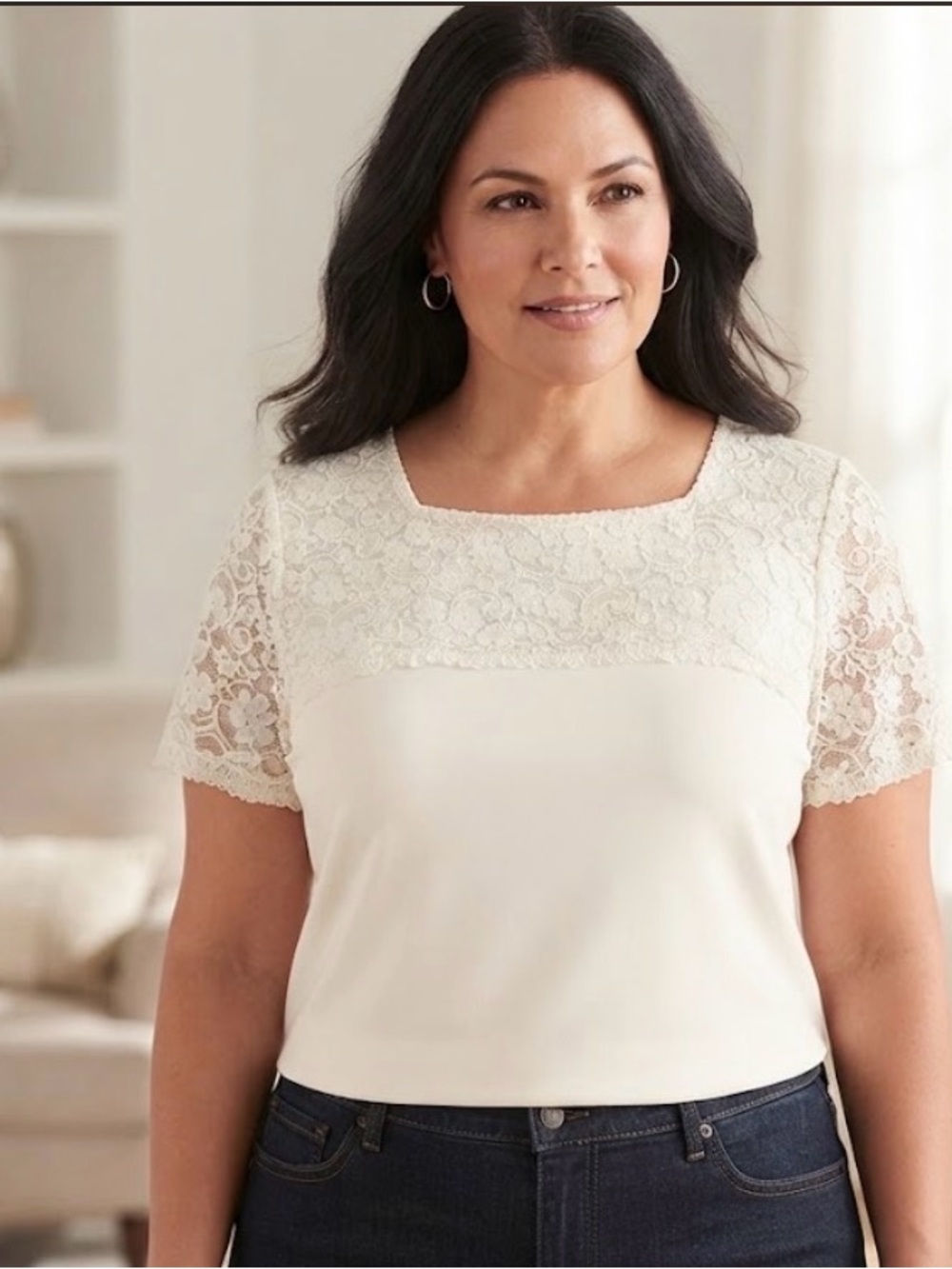 Jessica London Cream Lace Yoke Short Sleeve Top plus size 18/20